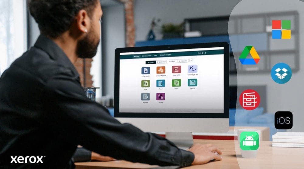 Une personne est assise &agrave; un bureau et regarde un &eacute;cran d'ordinateur affichant l'interface Xerox Workflow Central. &Agrave; droite, les ic&ocirc;nes de Microsoft, Google Drive, Dropbox, un classeur, iOS et Android illustrent la compatibilit&eacute; &eacute;tendue.